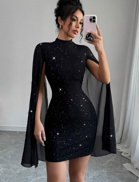 Cape Bodycon Dress with Round Neck