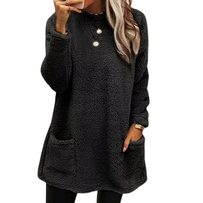 Women's Velvet Warm T-Shirt Dress – Cozy Long Sleeve with Pockets
