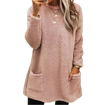 Women's Velvet Warm T-Shirt Dress – Cozy Long Sleeve with Pockets
