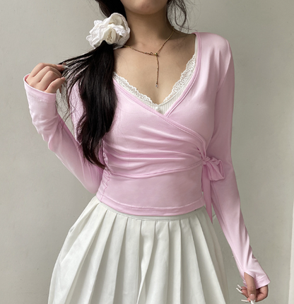 Cross Tie Wrap V-Neck Short Top (One Piece)