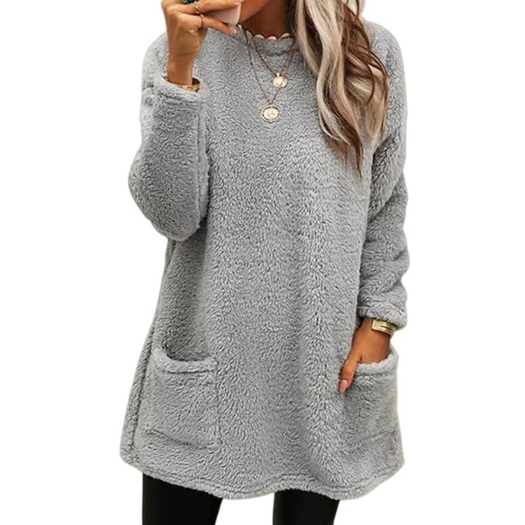 Women's Velvet Warm T-Shirt Dress – Cozy Long Sleeve with Pockets