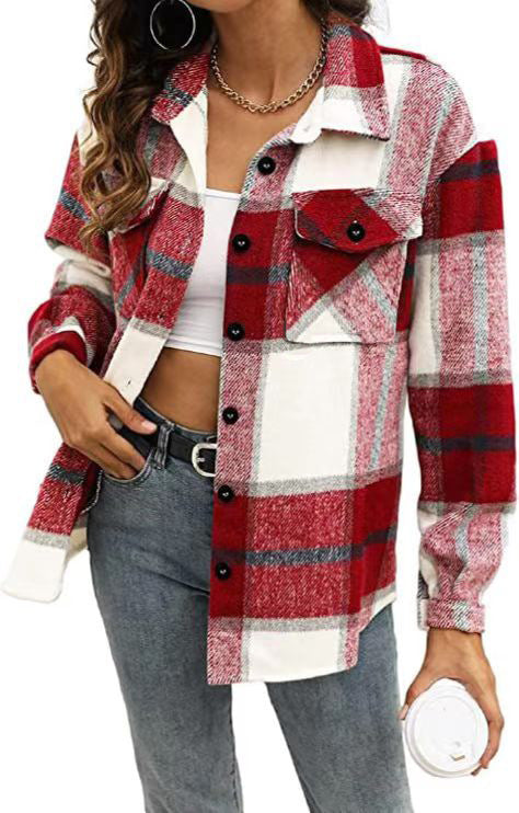Checkered Plaid Shirt with Button Placket (One Piece)