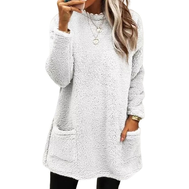 Women's Velvet Warm T-Shirt Dress – Cozy Long Sleeve with Pockets