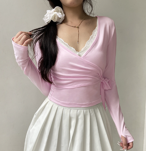 Cross Tie Wrap V-Neck Short Top (One Piece)