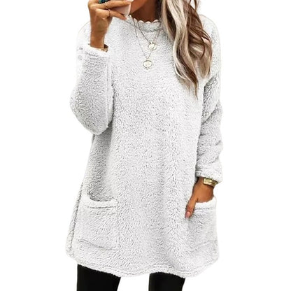 Women's Velvet Warm T-Shirt Dress – Cozy Long Sleeve with Pockets