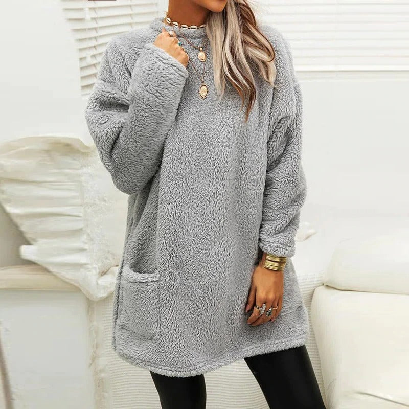 Women's Velvet Warm T-Shirt Dress – Cozy Long Sleeve with Pockets