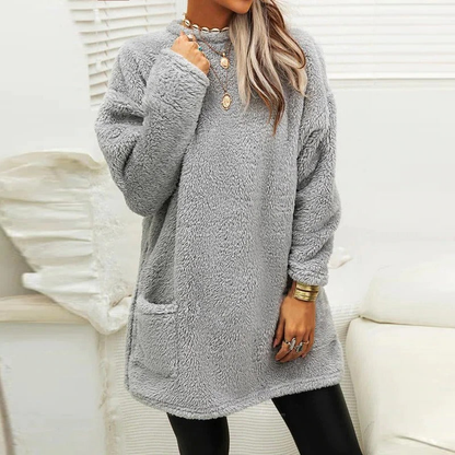 Women's Velvet Warm T-Shirt Dress – Cozy Long Sleeve with Pockets